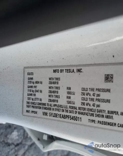 2023 Tesla Model 3 из США, поврежденный, VIN 5YJ3E1EA8PF545011